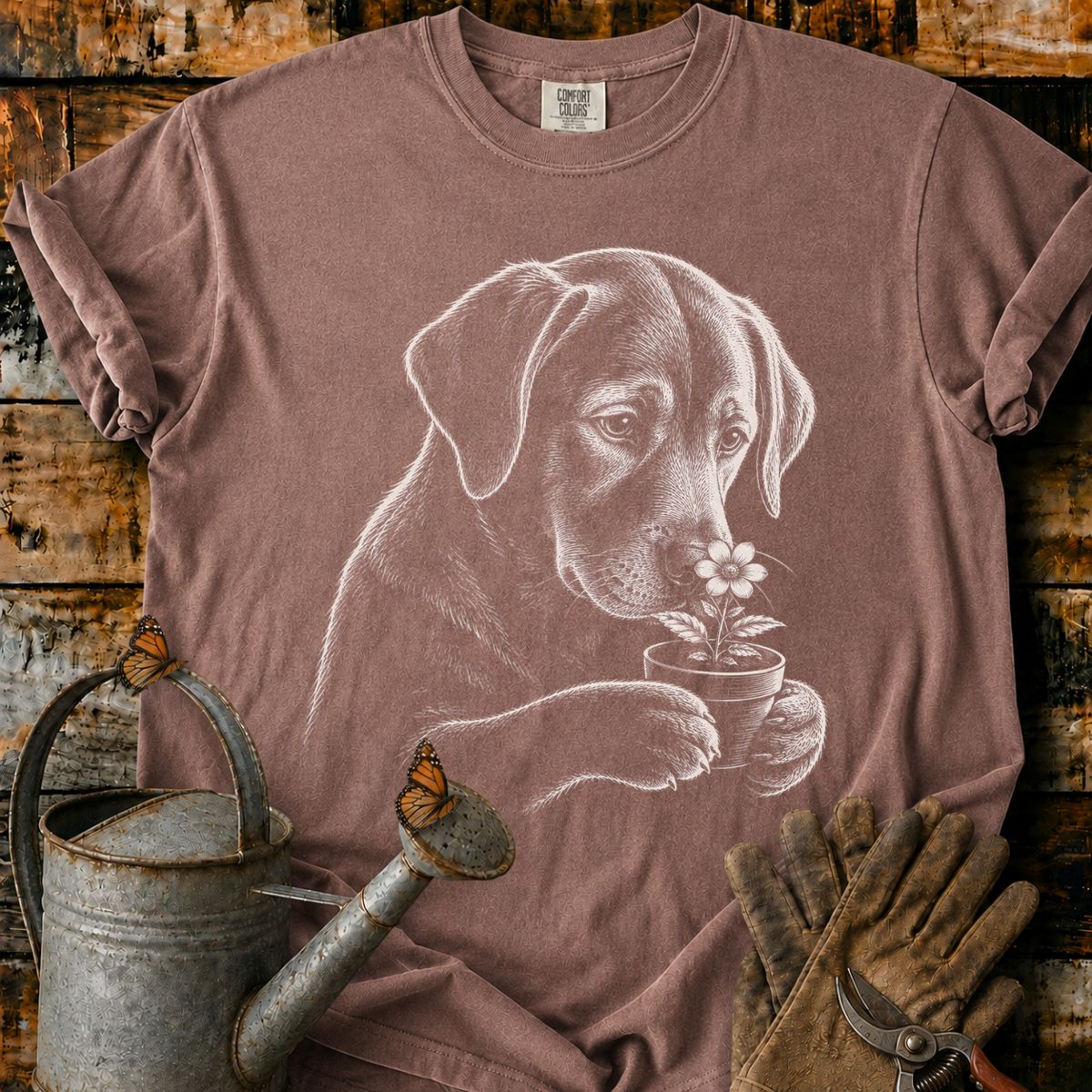 Labrador With Flower Pot Art T-Shirt