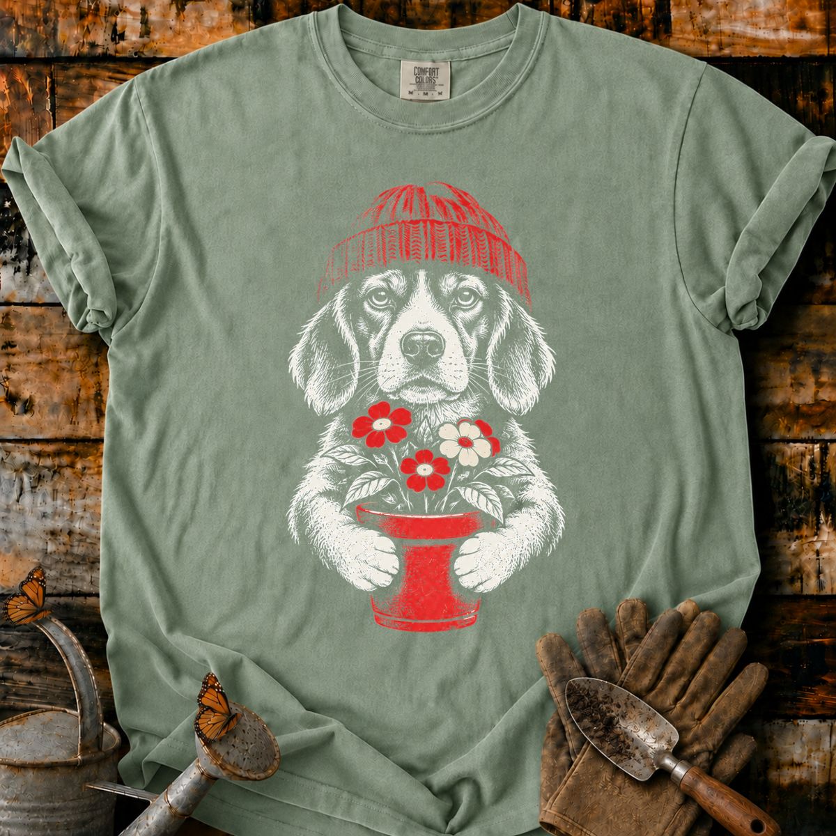 Beagle in Red Beanie with Flowers T-Shirt