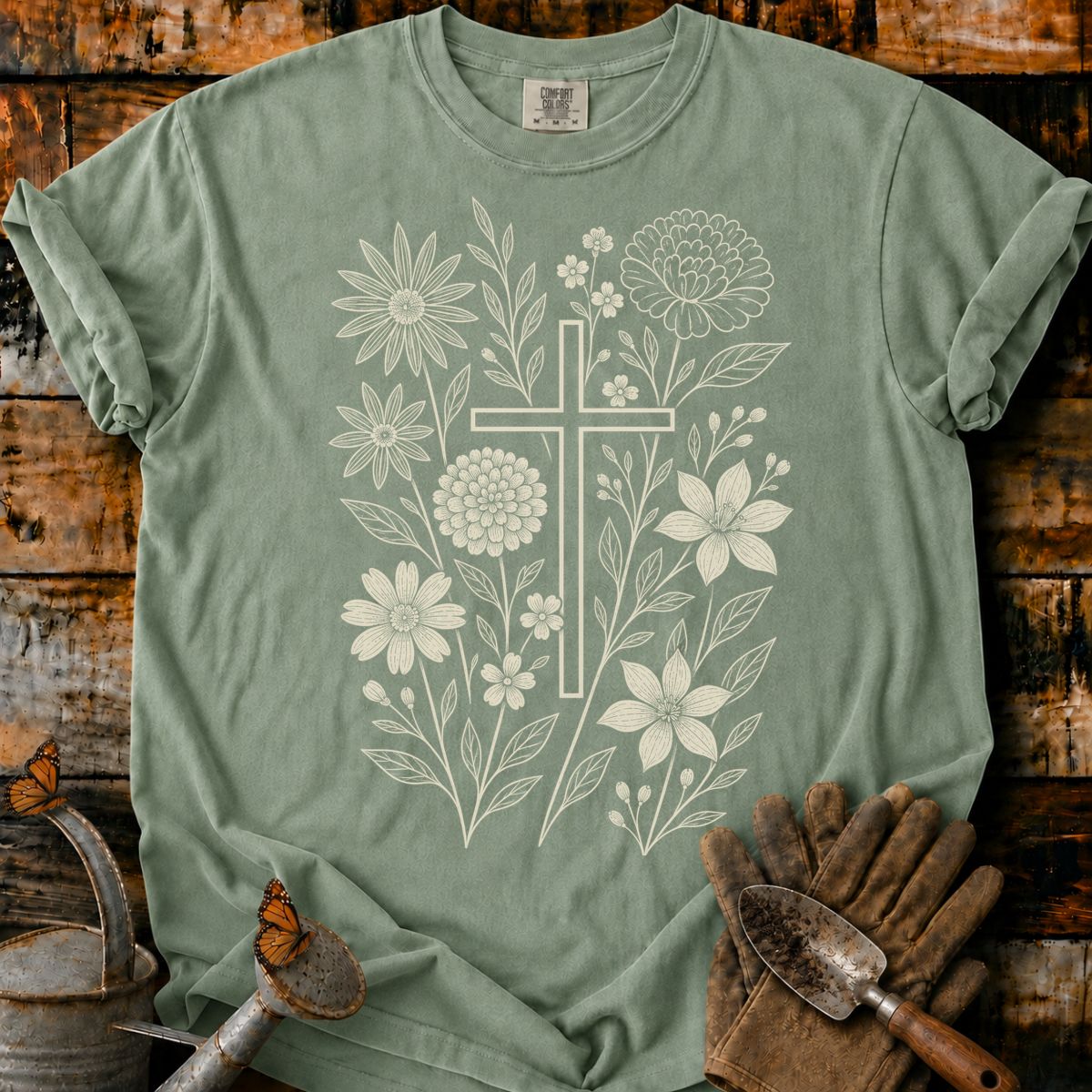 Vintage Botanical Cross Engraving T-Shirt