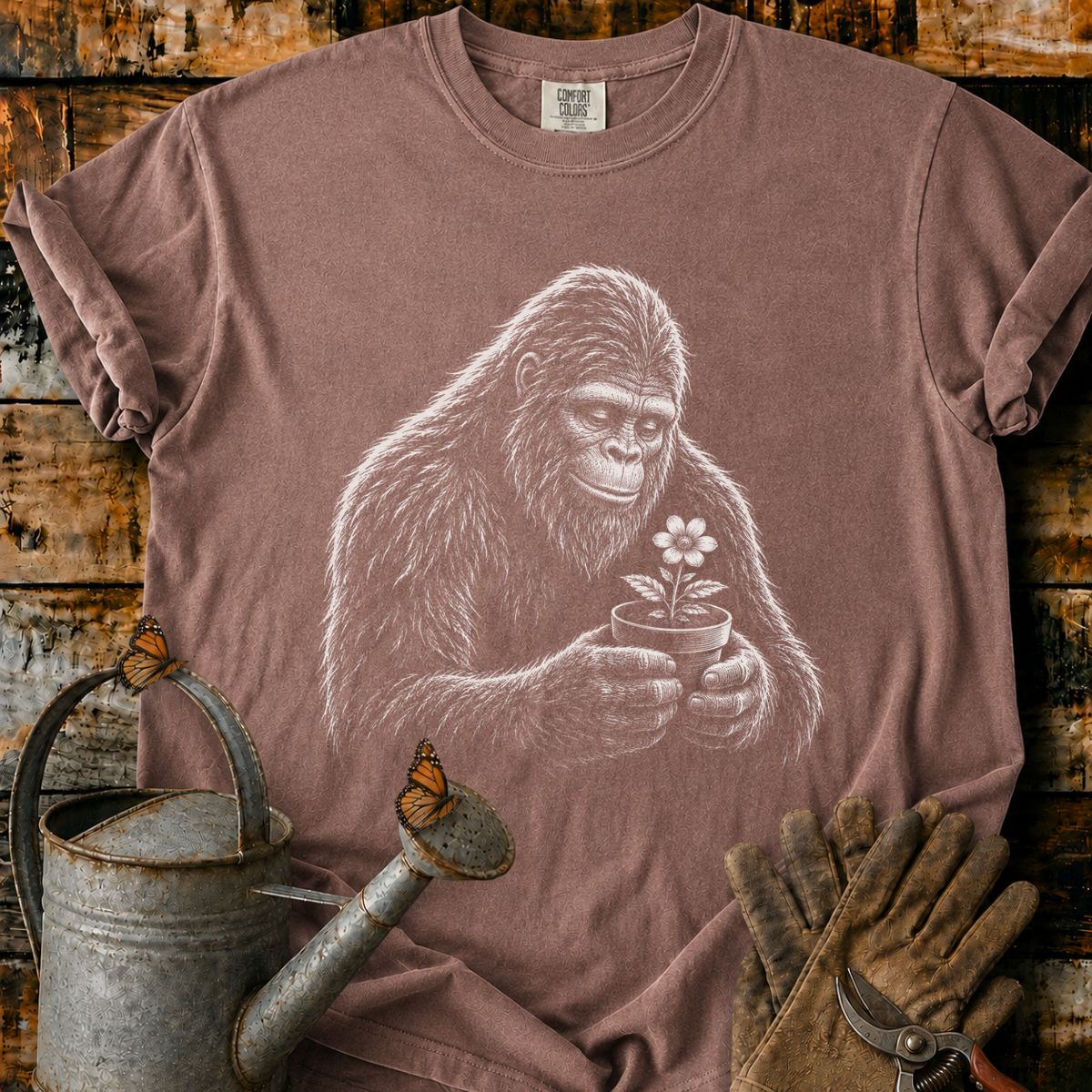 Bigfoot With Flower Pot Art T-Shirt