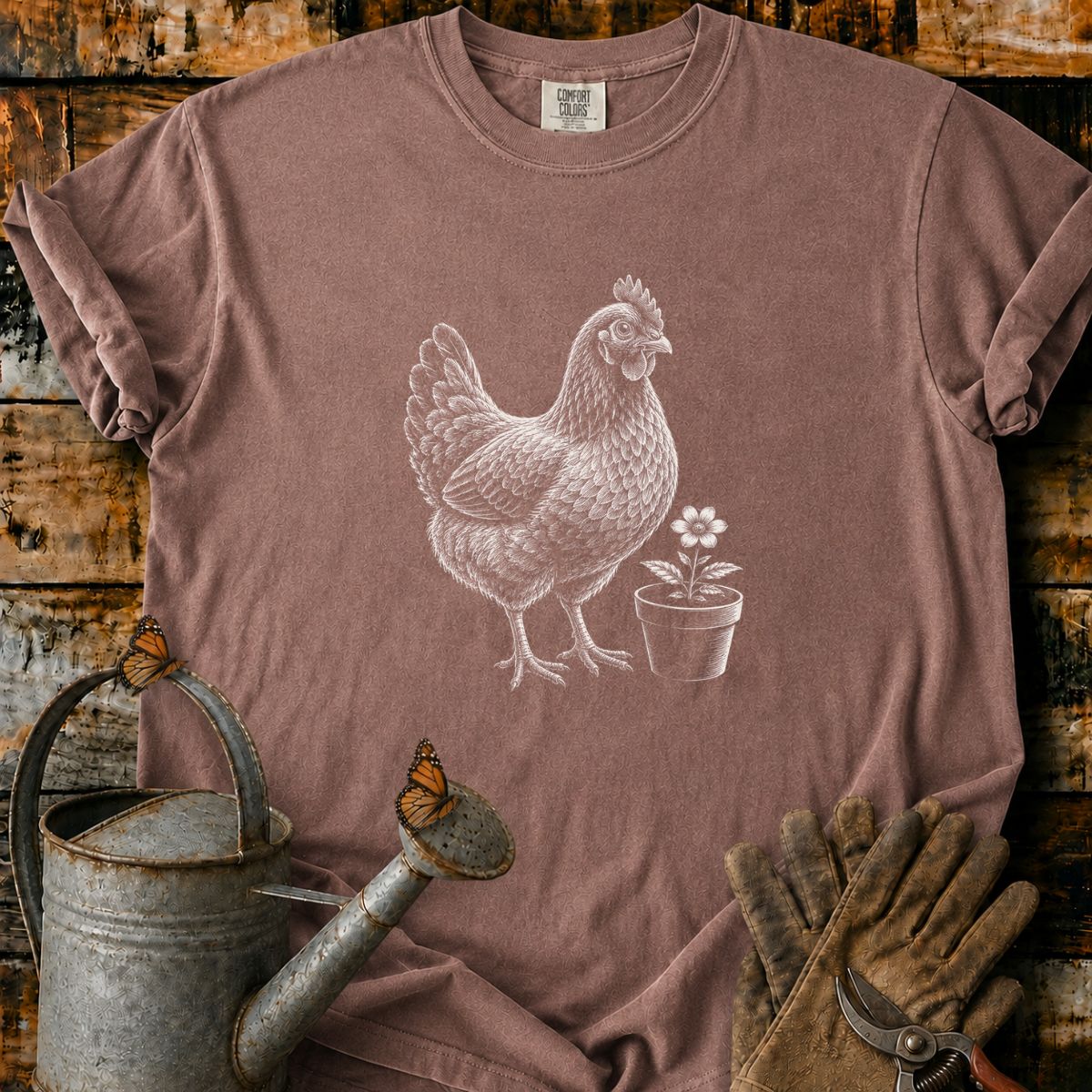 Hen With Flower Pot Art T-Shirt