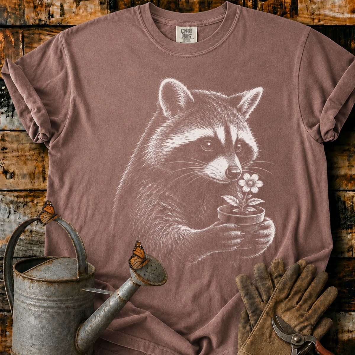 Raccoon With Flower Pot Art T-Shirt