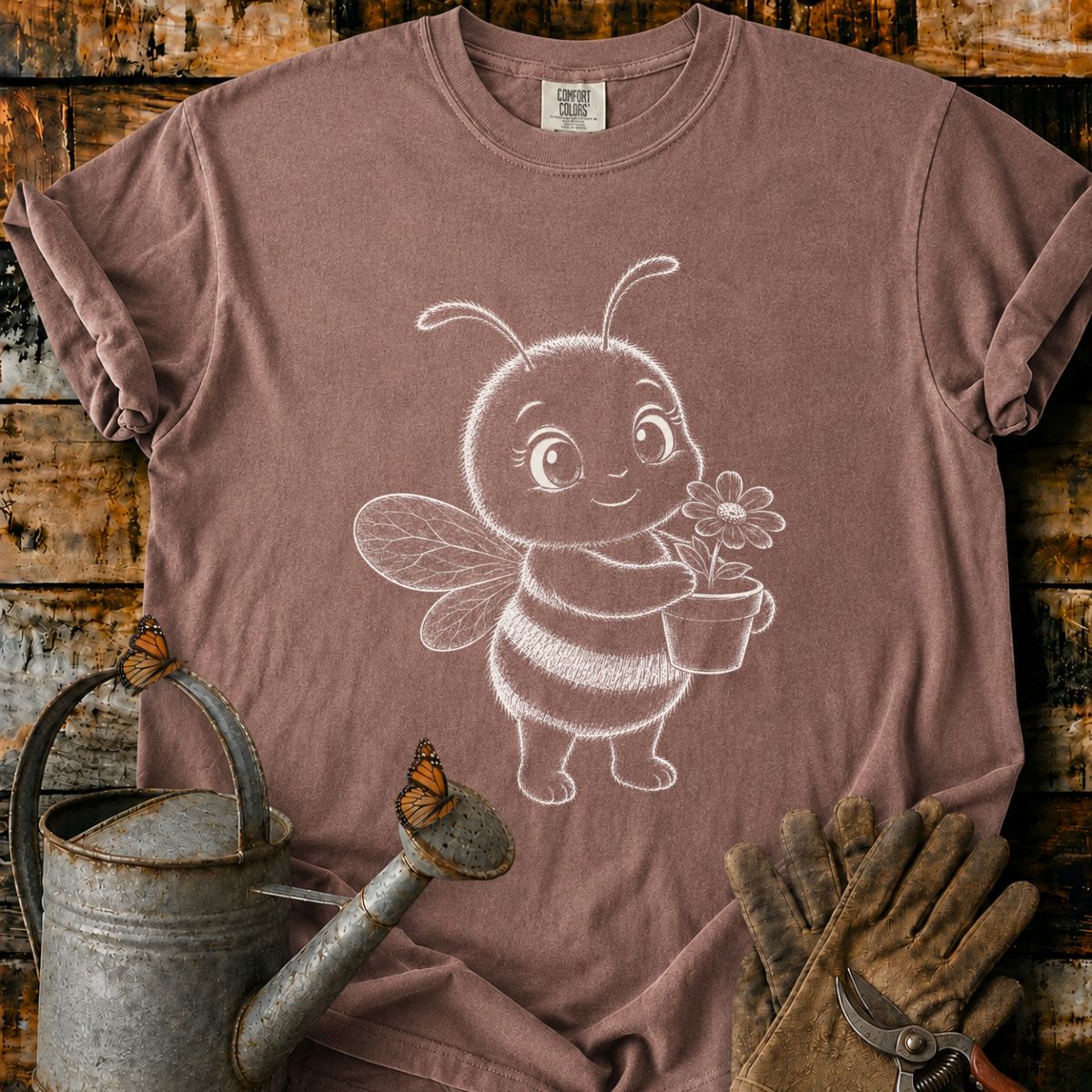 Bee With Flower Pot Art T-Shirt