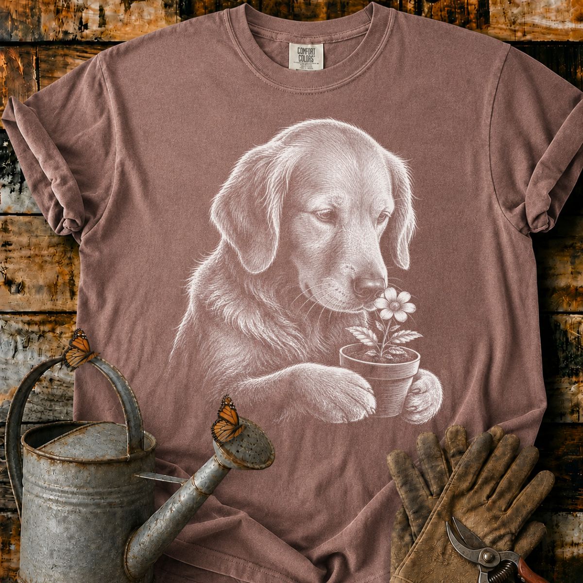 Golden Retriever With Flower Pot Art T-Shirt