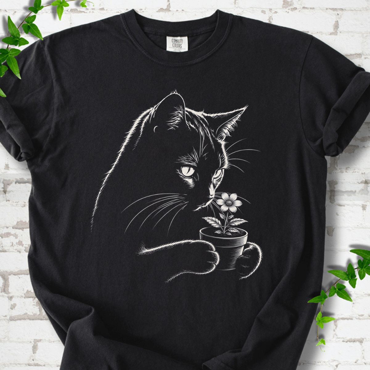 Cat With Flower Pot Art T-Shirt