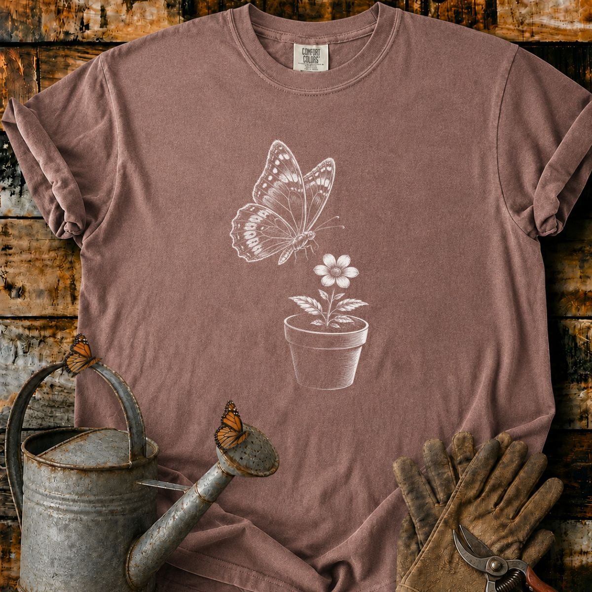 Butterfly With Flower Pot Art T-Shirt
