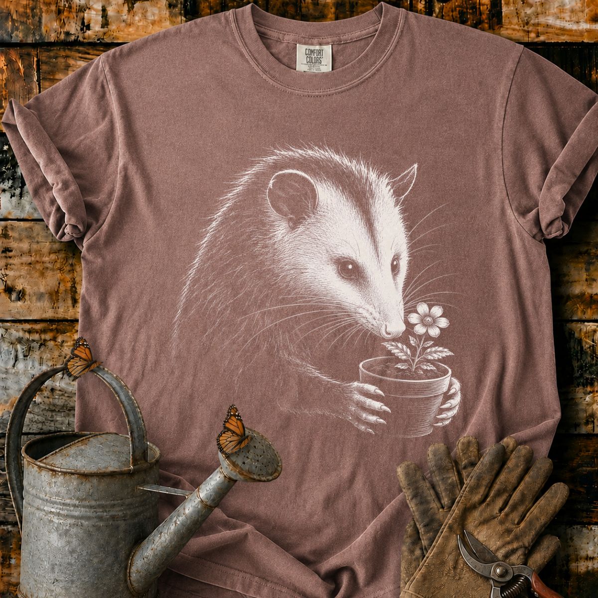 Opossum With Flower Pot Art T-Shirt