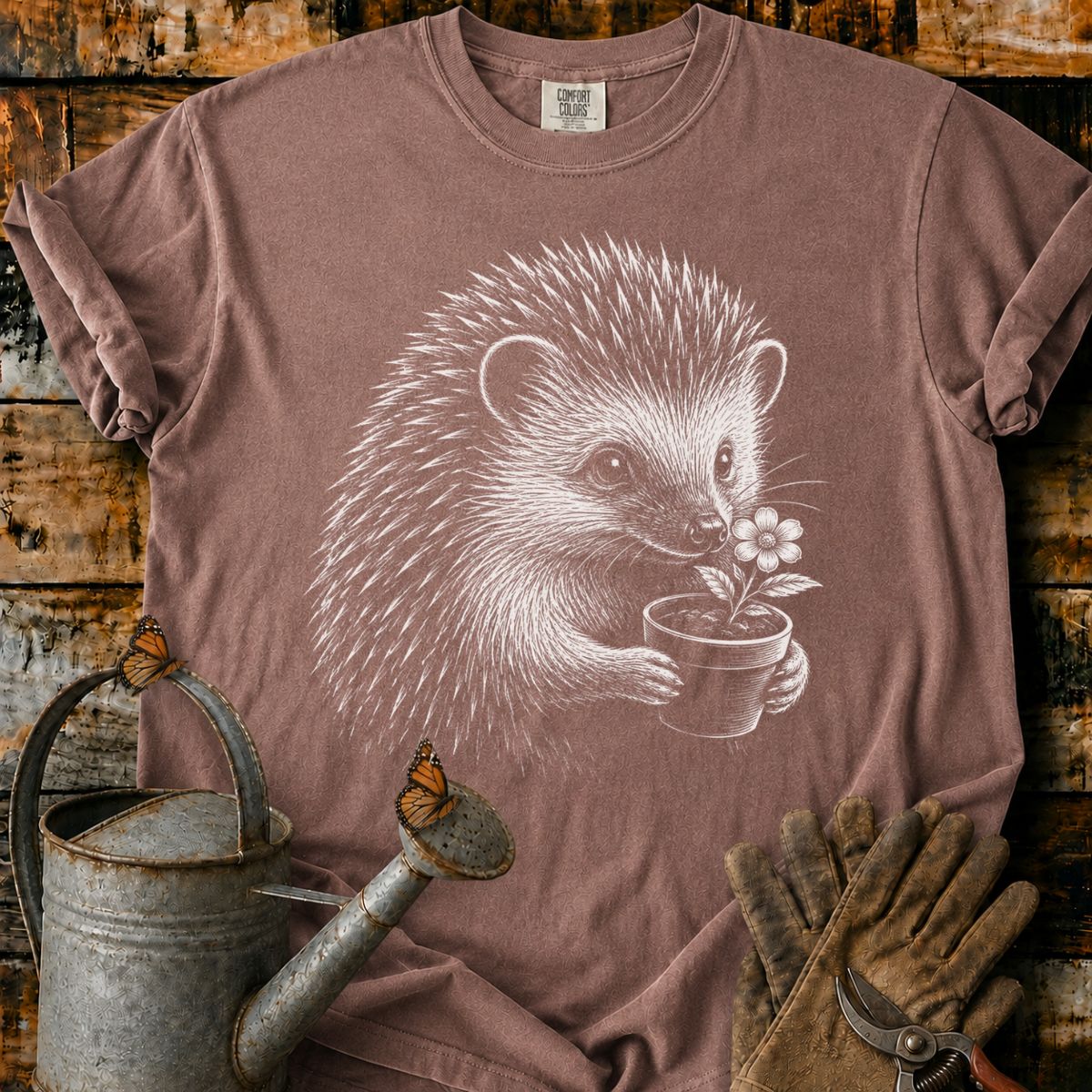 Hedgehog With Flower Pot Art T-Shirt