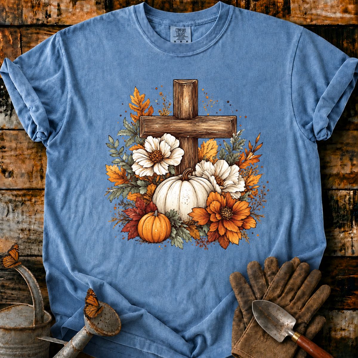 Rustic Autumn Cross with Pumpkins T-Shirt