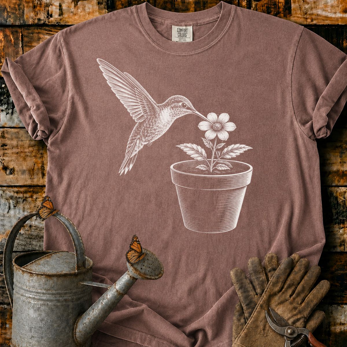 The hummingbird With Flower Pot Art T-Shirt