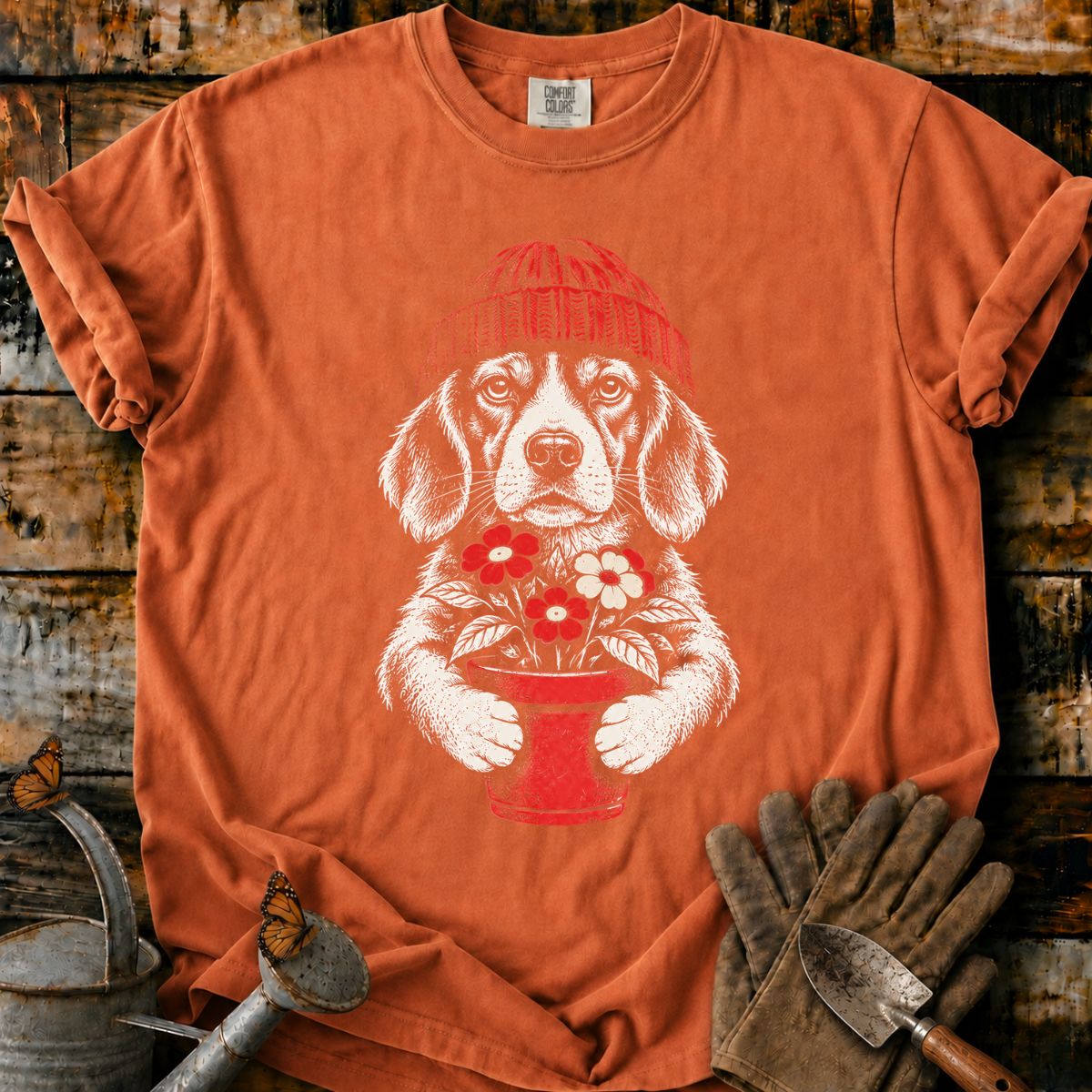 Beagle in Red Beanie with Flowers T-Shirt