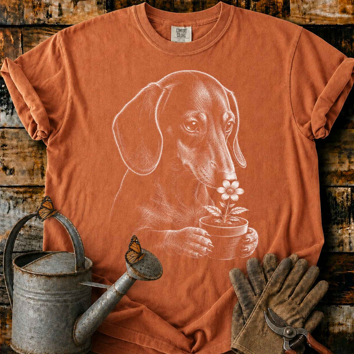Dachshund With Flower Pot Art T-Shirt