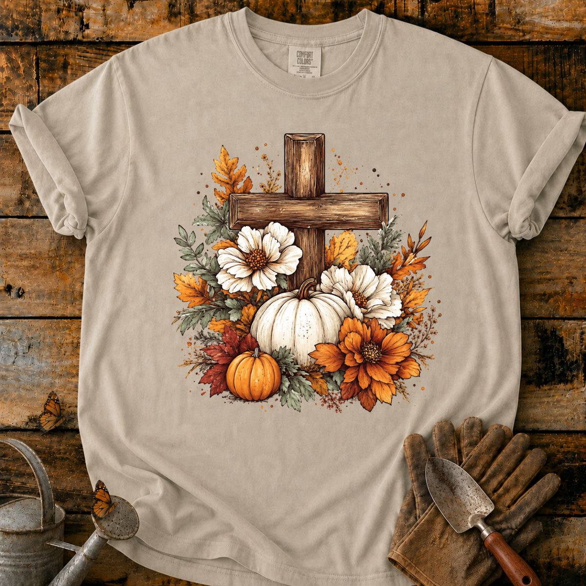 Rustic Autumn Cross with Pumpkins T-Shirt
