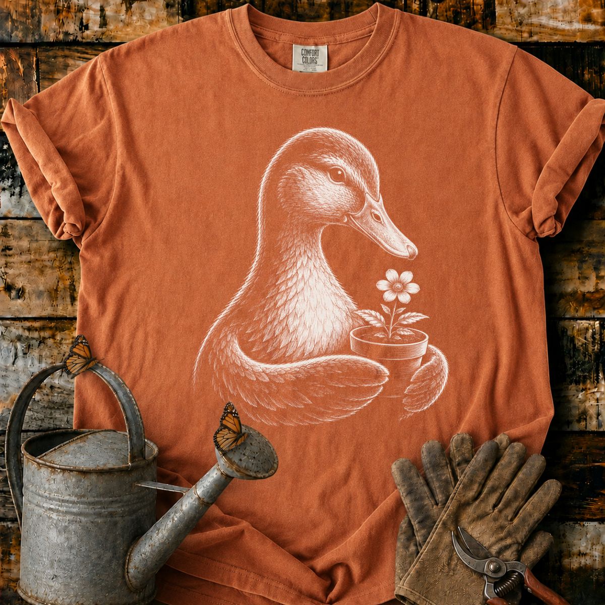 Duck With Flower Pot Art T-Shirt