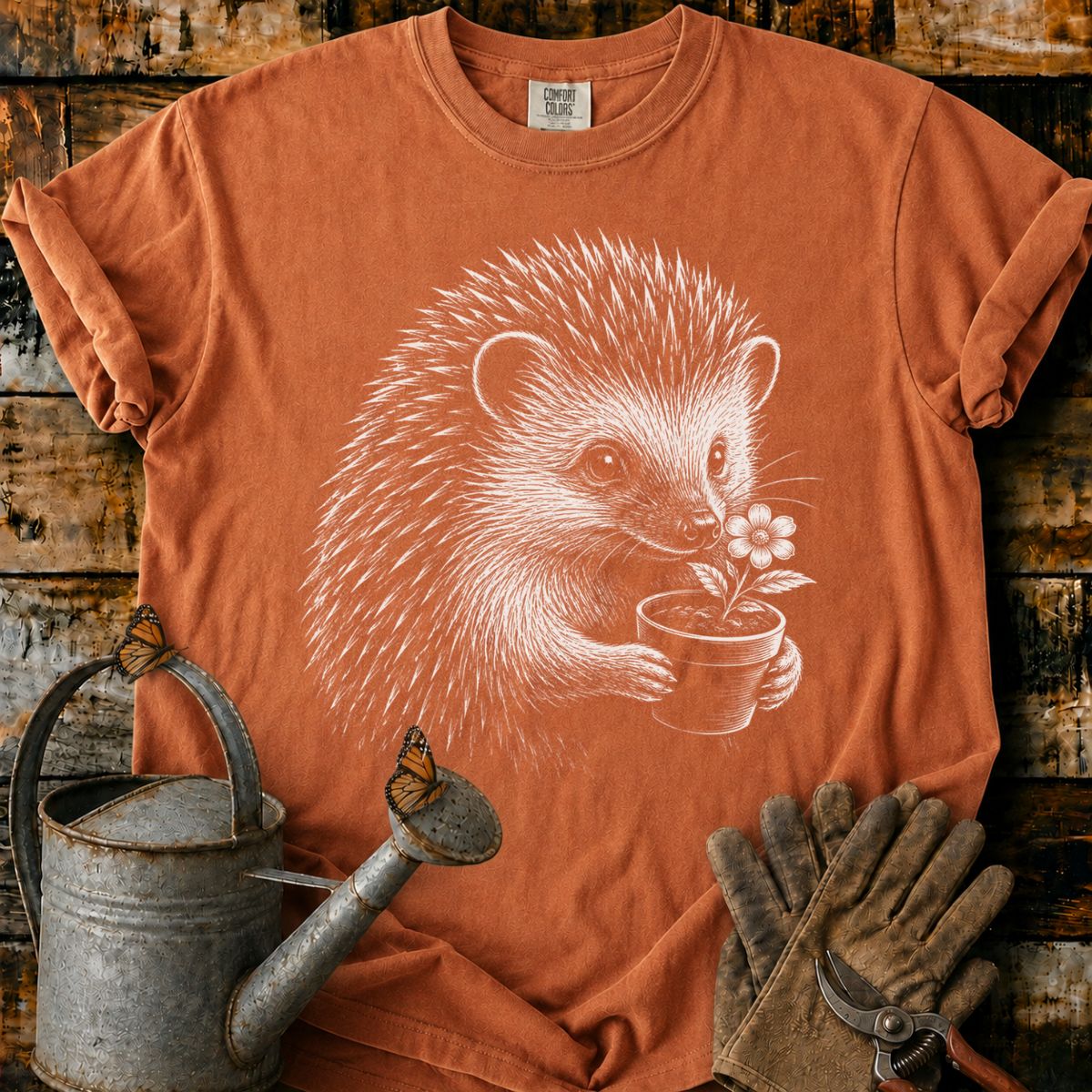 Hedgehog With Flower Pot Art T-Shirt