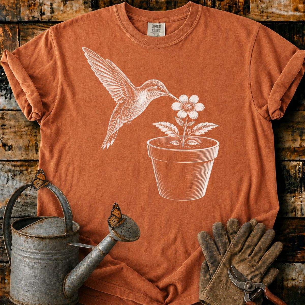 The hummingbird With Flower Pot Art T-Shirt