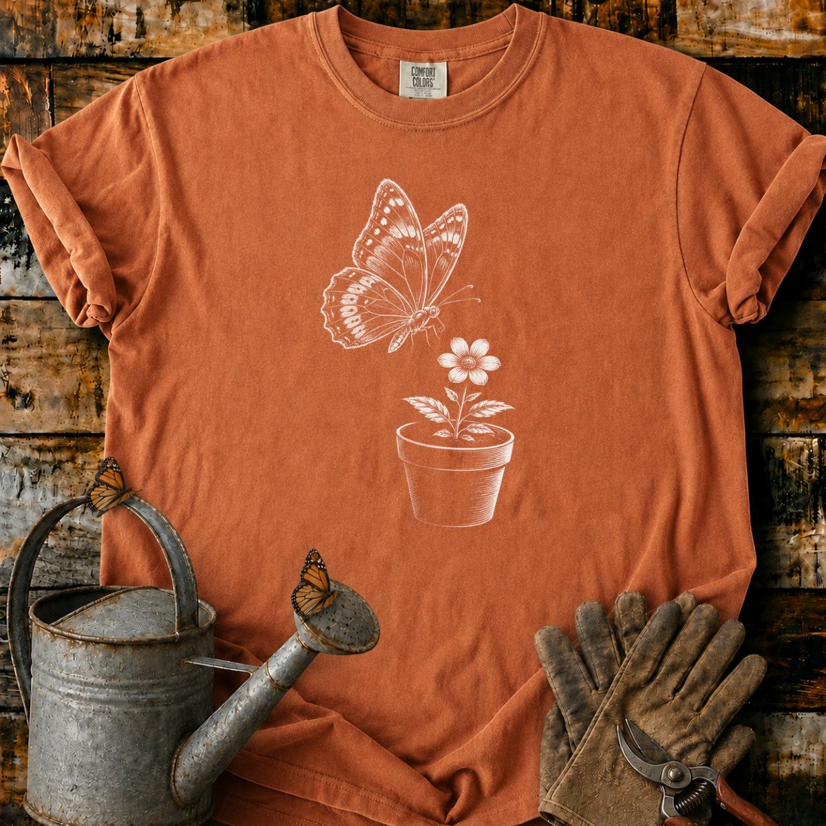 Butterfly With Flower Pot Art T-Shirt