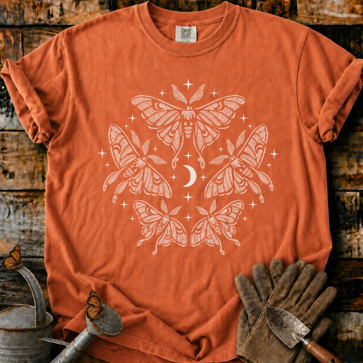 Five Luna Moths Around a Crescent Moon T-Shirt