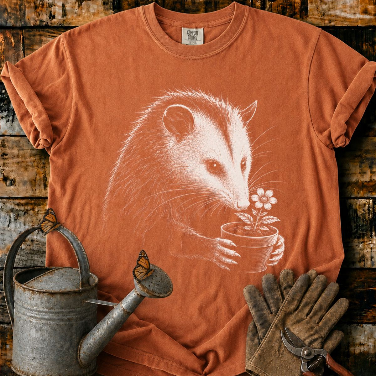 Opossum With Flower Pot Art T-Shirt