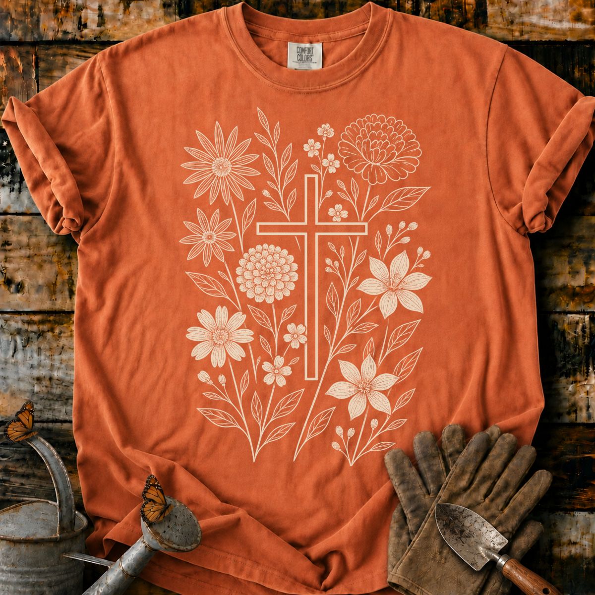 Vintage Botanical Cross Engraving T-Shirt