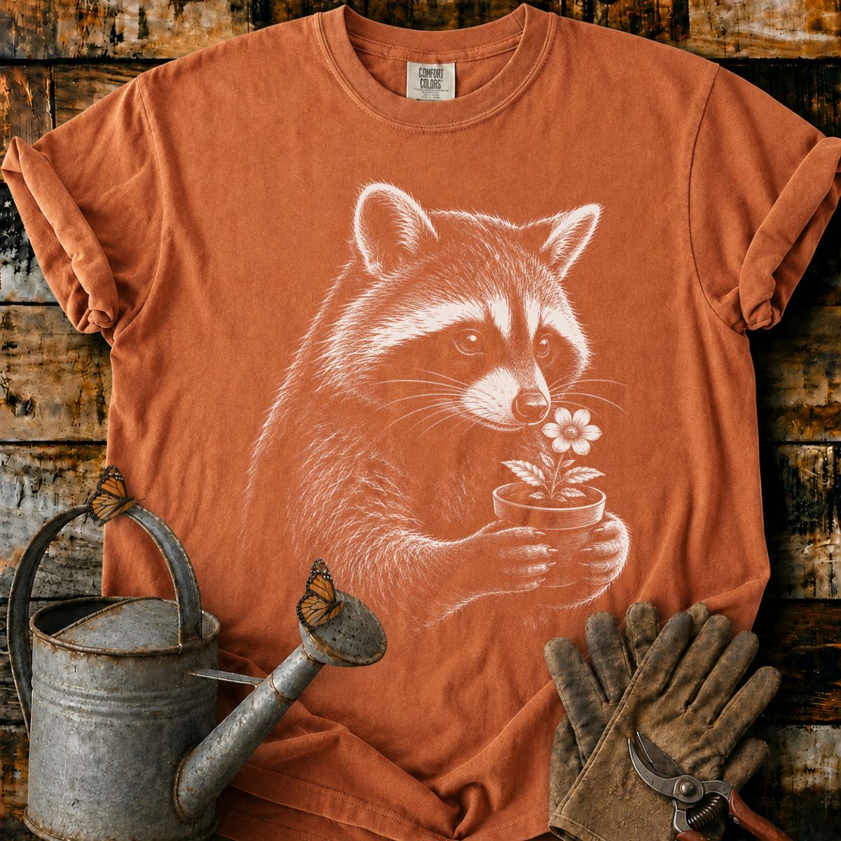 Raccoon With Flower Pot Art T-Shirt