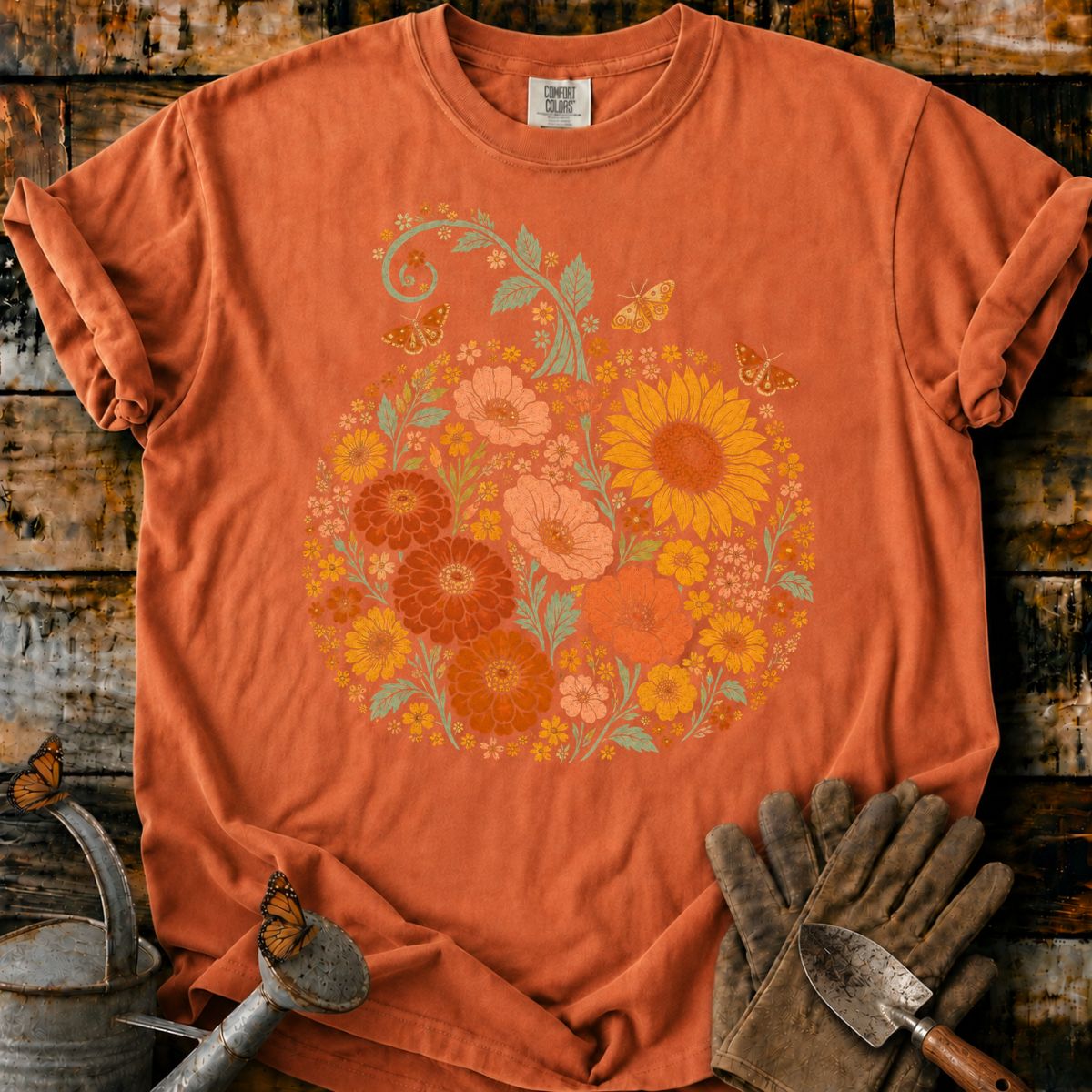 Asymmetrical Meadow Pumpkin with Sunflower and Moths T-Shirt