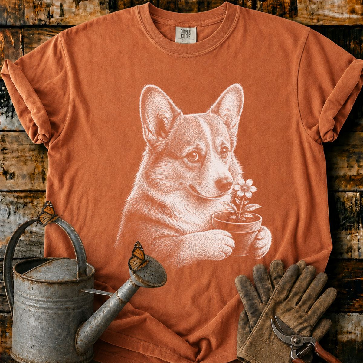 Corgi With Flower Pot Art T-Shirt