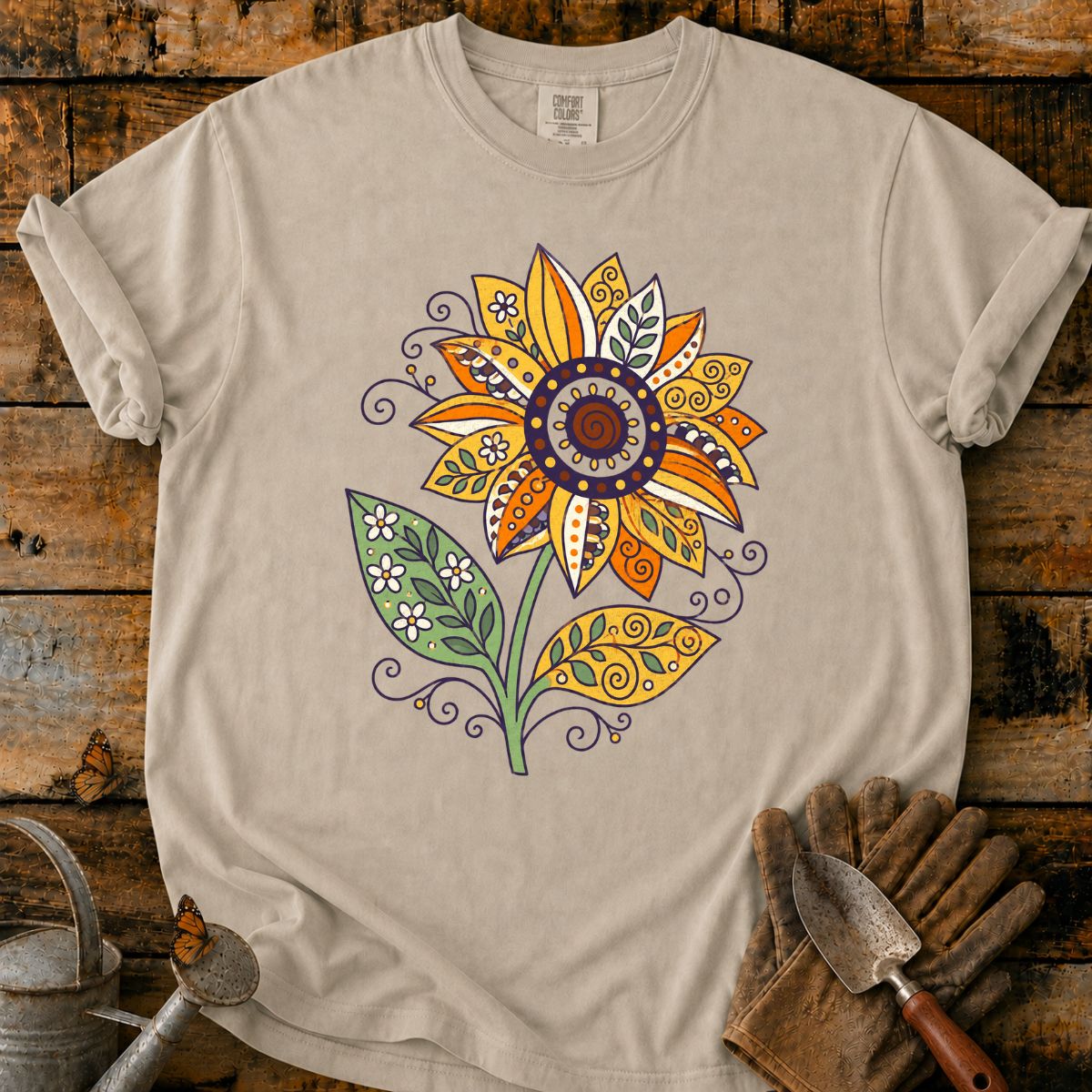 Ornate Sunflower on Lavender Fabric T-Shirt