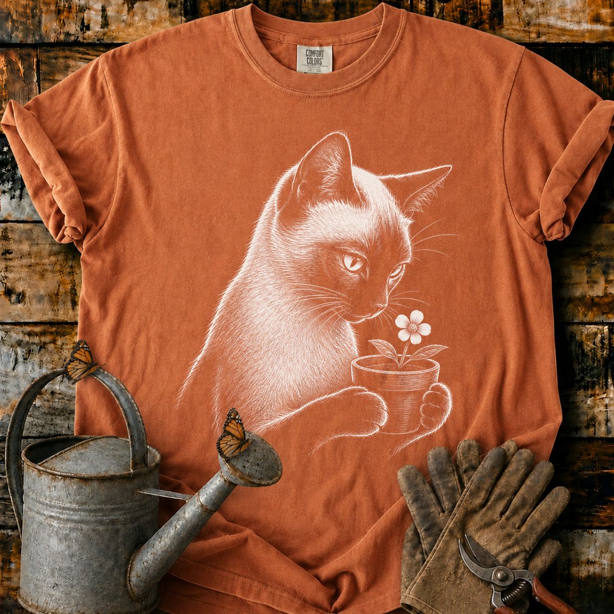 Siamese Cat With Flower Pot Art T-Shirt