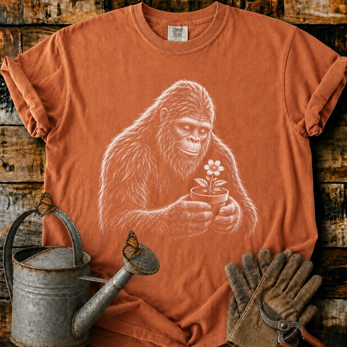 Bigfoot With Flower Pot Art T-Shirt