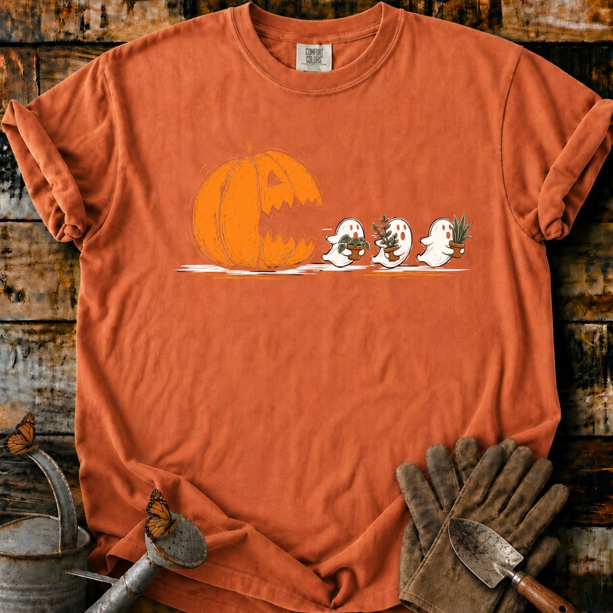 Pumpkin Chases Plant-Carrying Ghosts T-Shirt