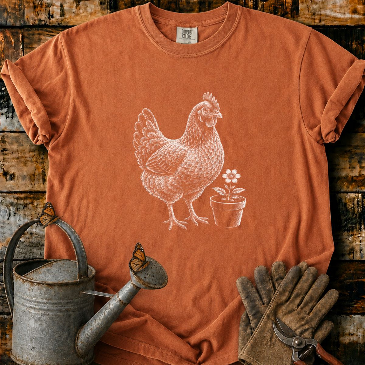 Hen With Flower Pot Art T-Shirt