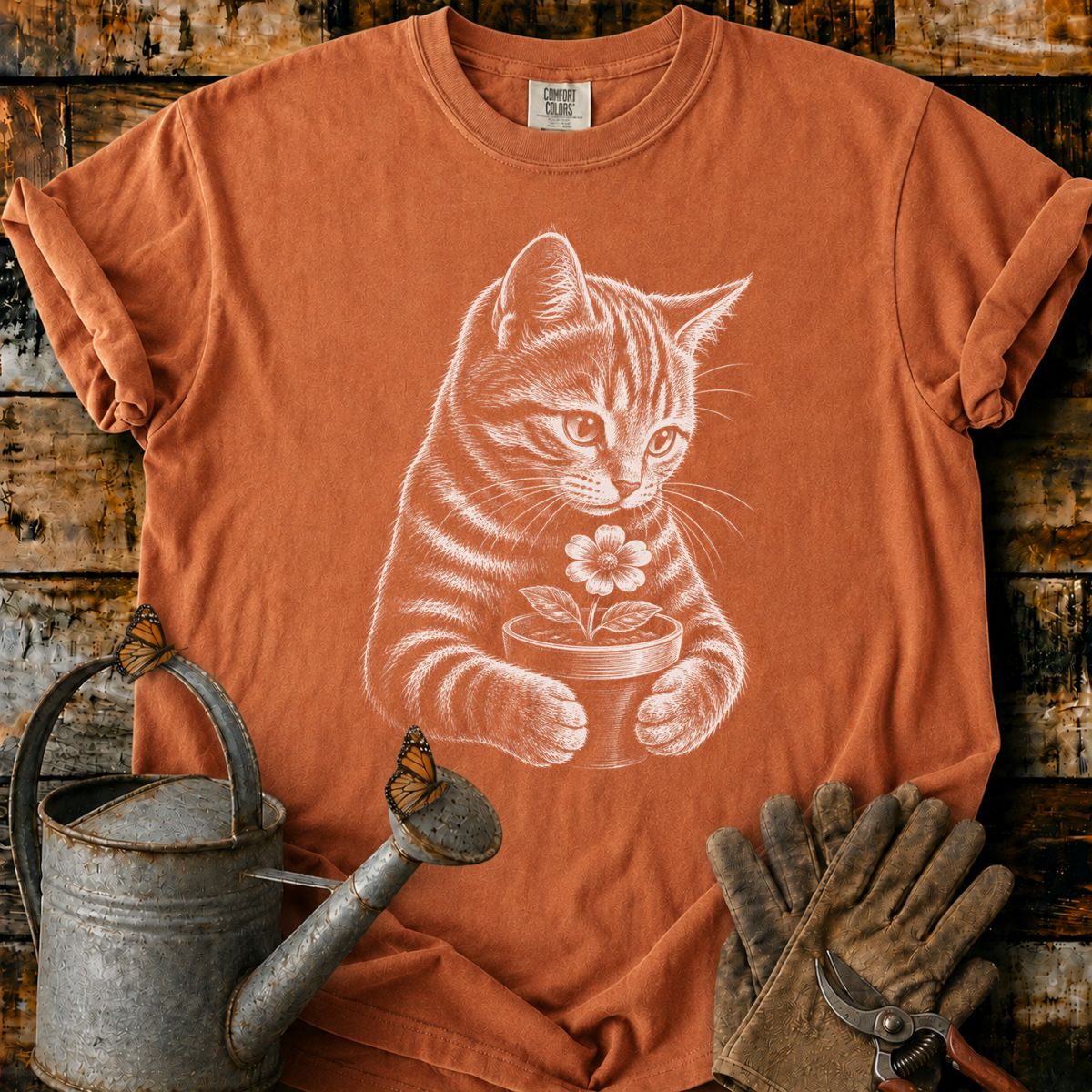 Orange Tabby With Flower Pot Art T-Shirt