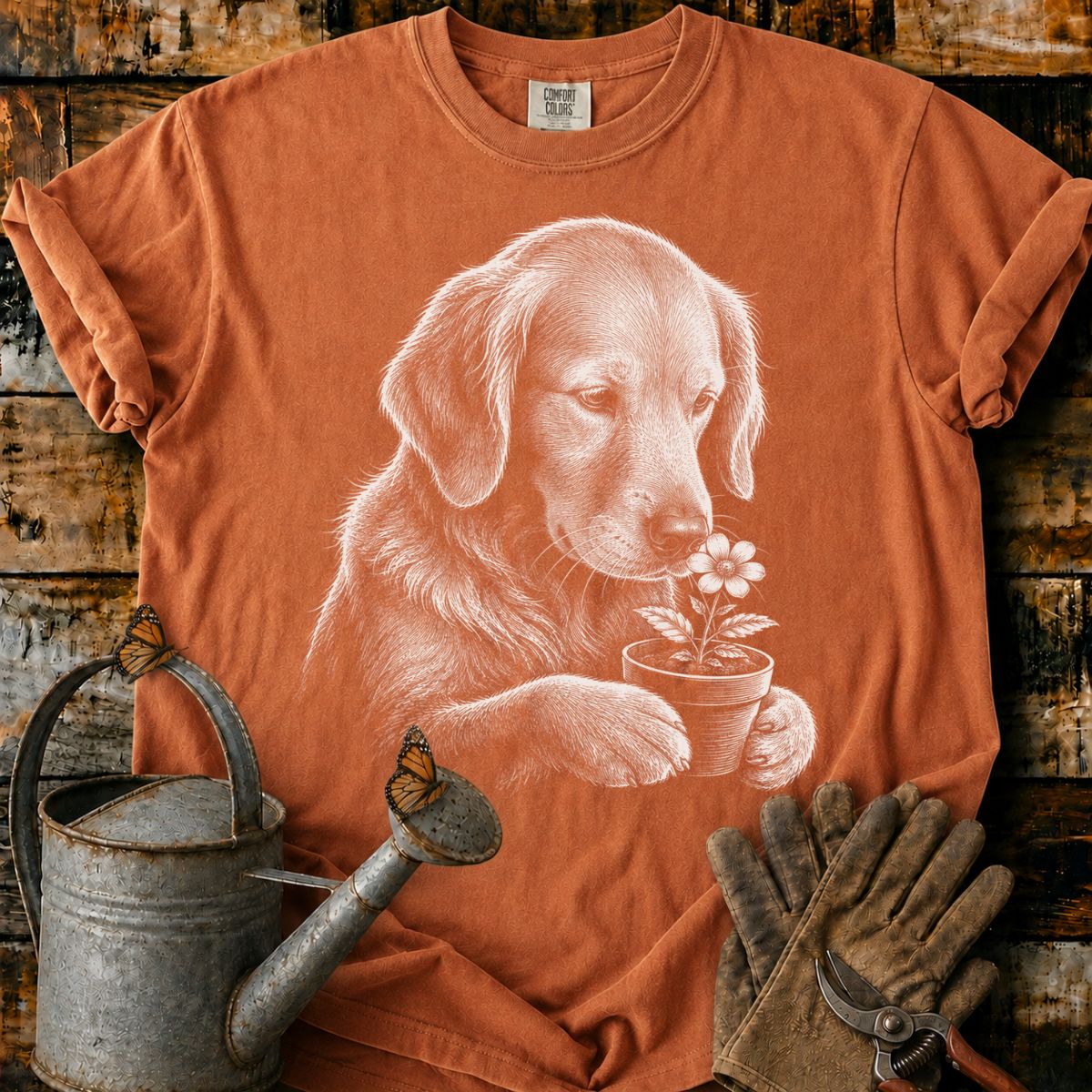 Golden Retriever With Flower Pot Art T-Shirt
