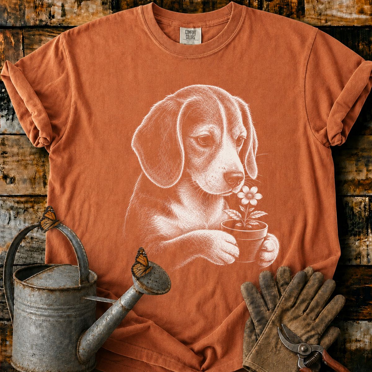 Beagle With Flower Pot Art T-Shirt