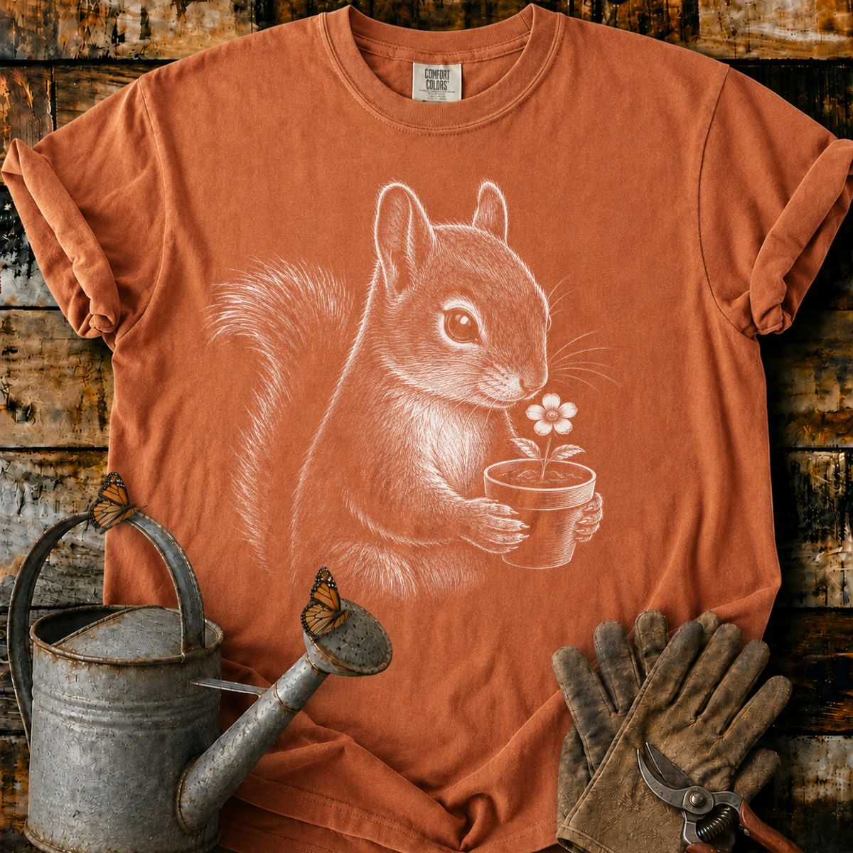 Squirrel With Flower Pot Art T-Shirt