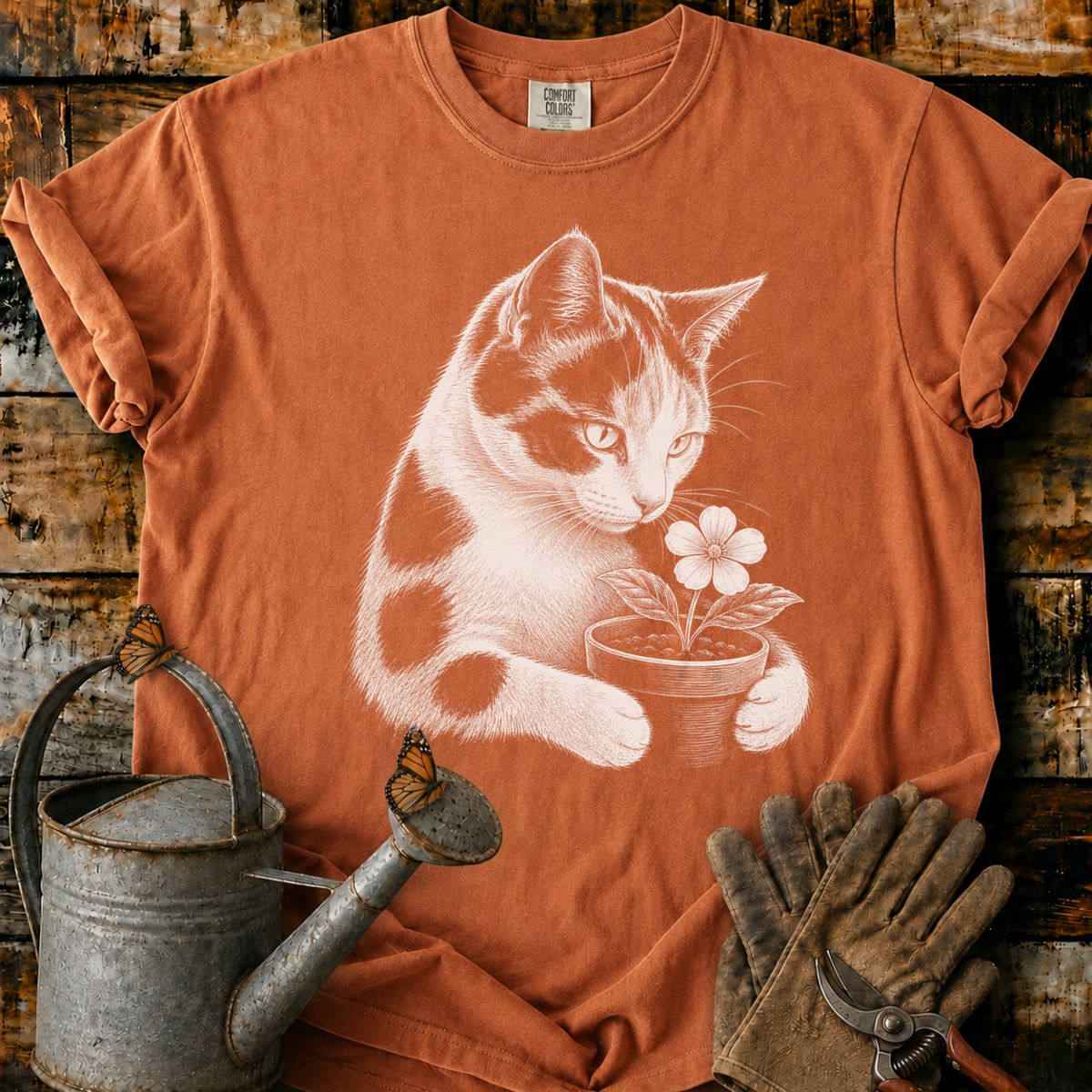 Calico Cat With Flower Pot Art T-Shirt