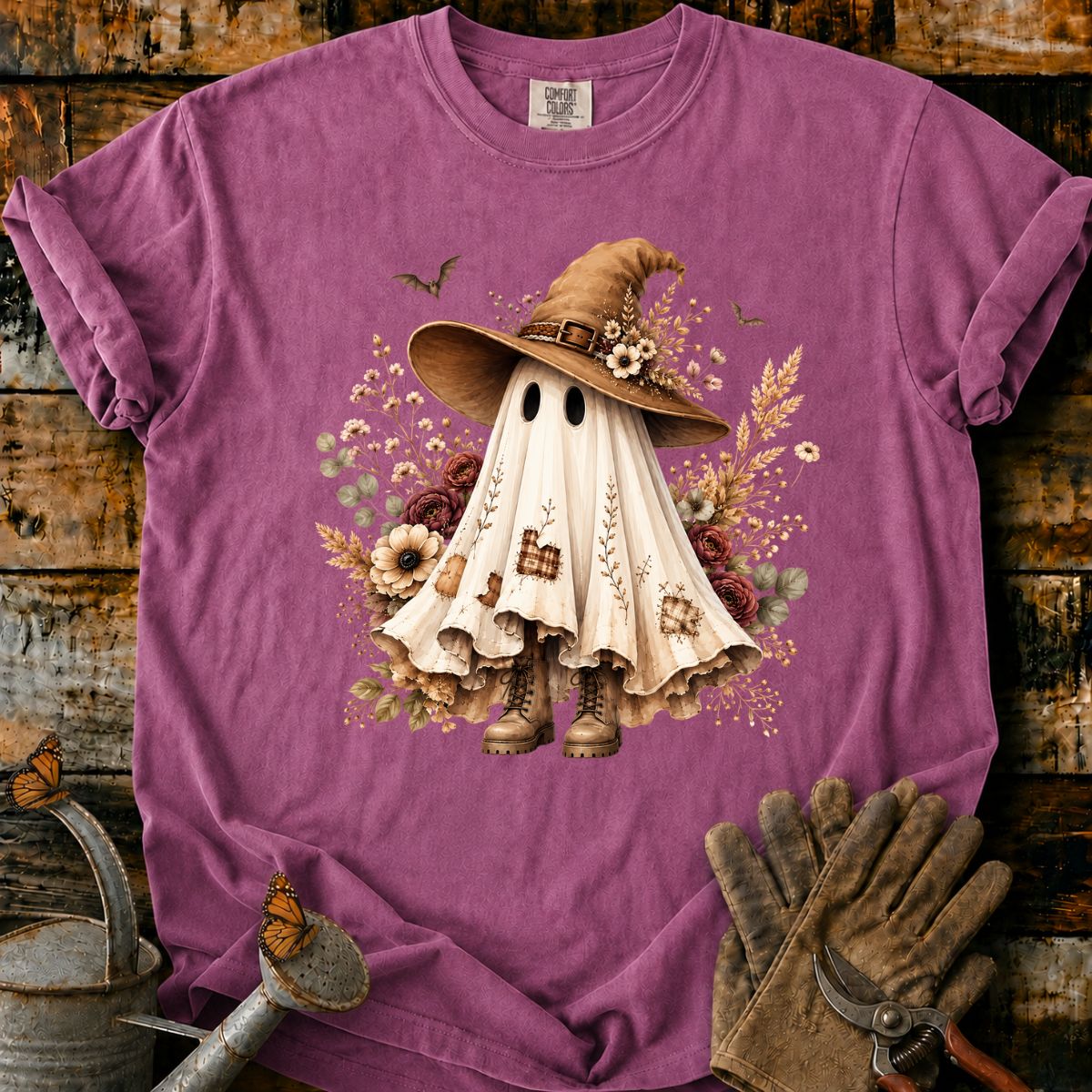 Whimsical Ghost Witch in Autumn Blooms T-Shirt