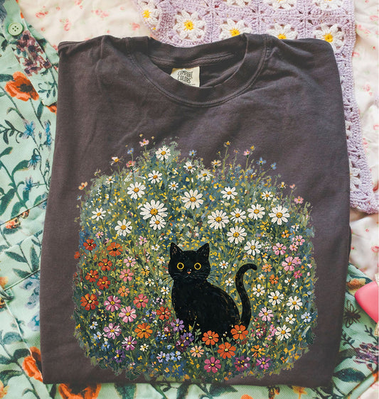 Black Cat Wildflower T-Shirt