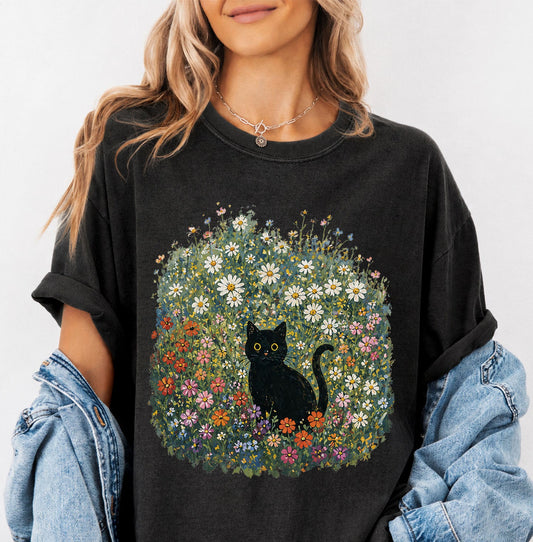 Black Cat Wildflower T-Shirt