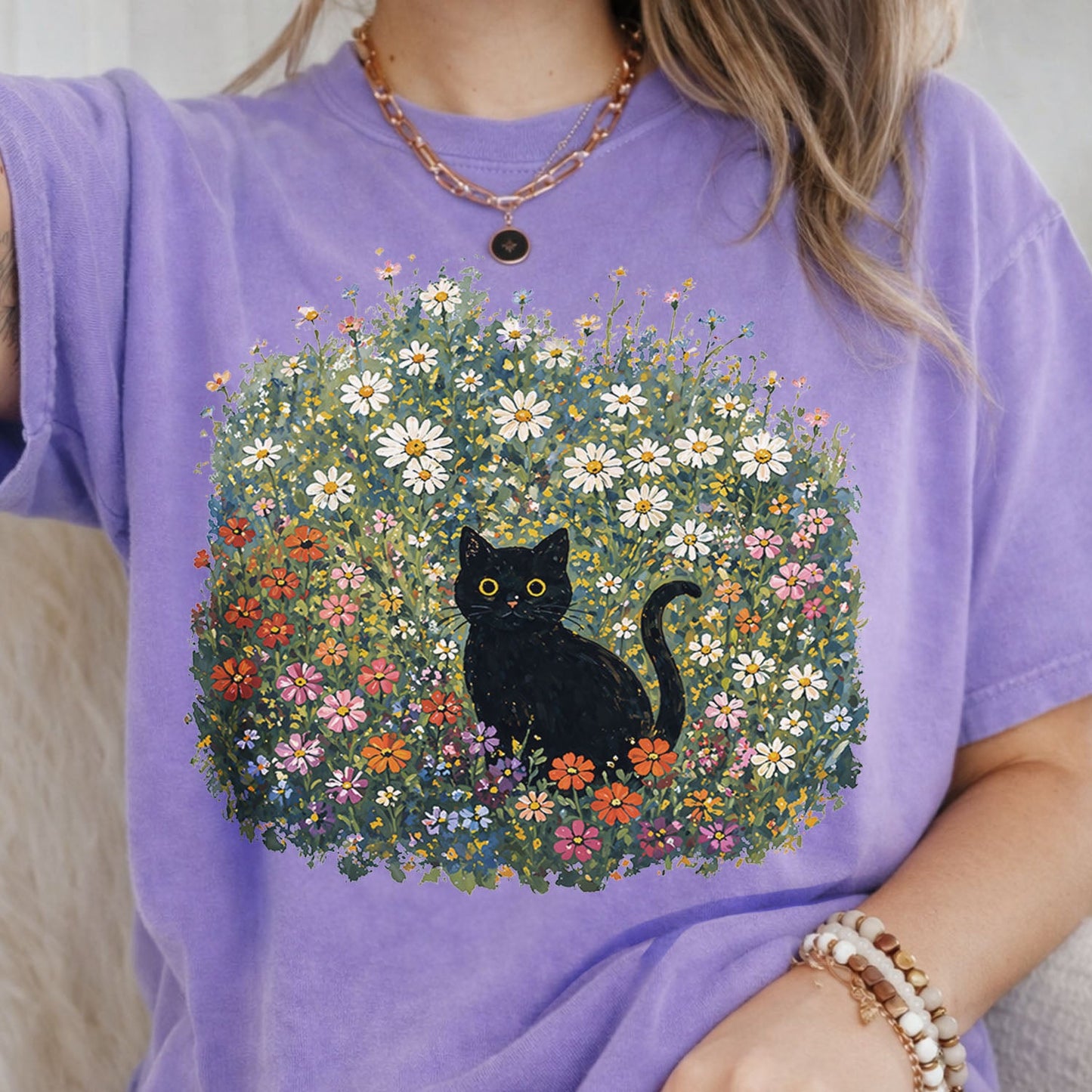 Black Cat Wildflower T-Shirt
