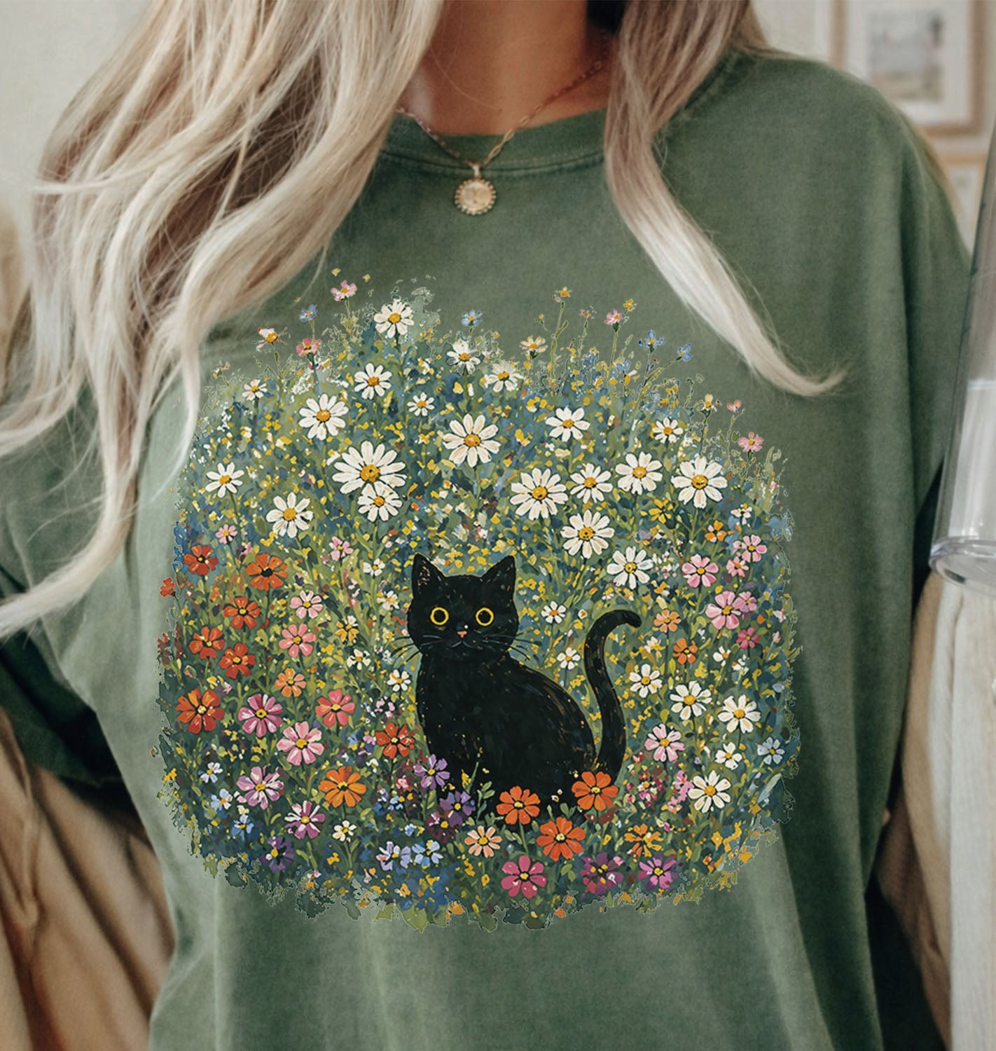 Black Cat Wildflower T-Shirt