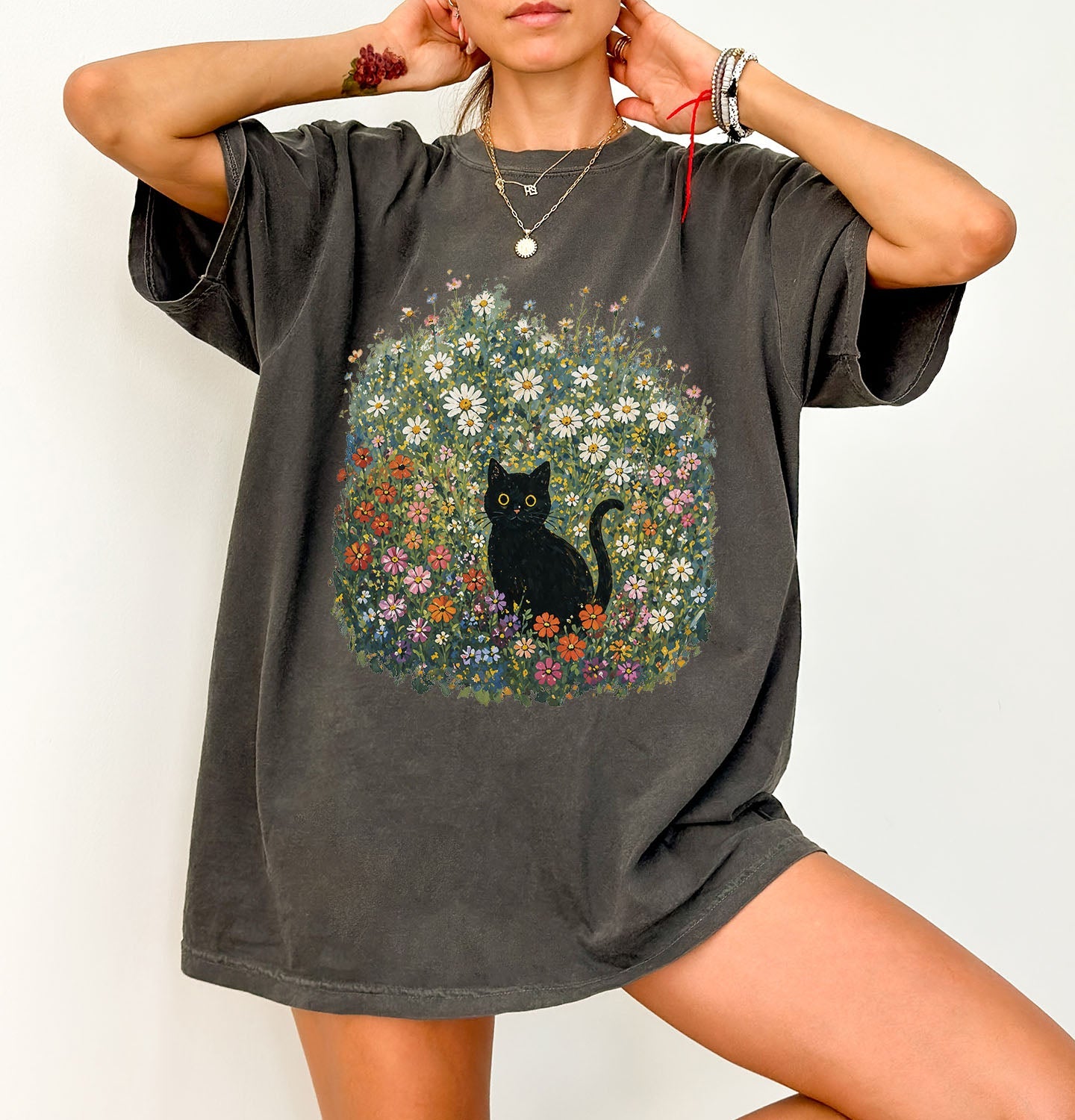 Black Cat Wildflower T-Shirt