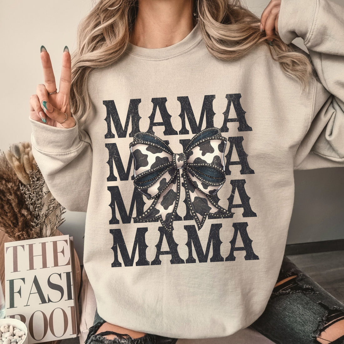 Cowhide Bow Mama Crew Sweatshirt