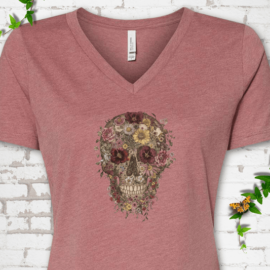 Floral Skull V-Neck T-Shirt