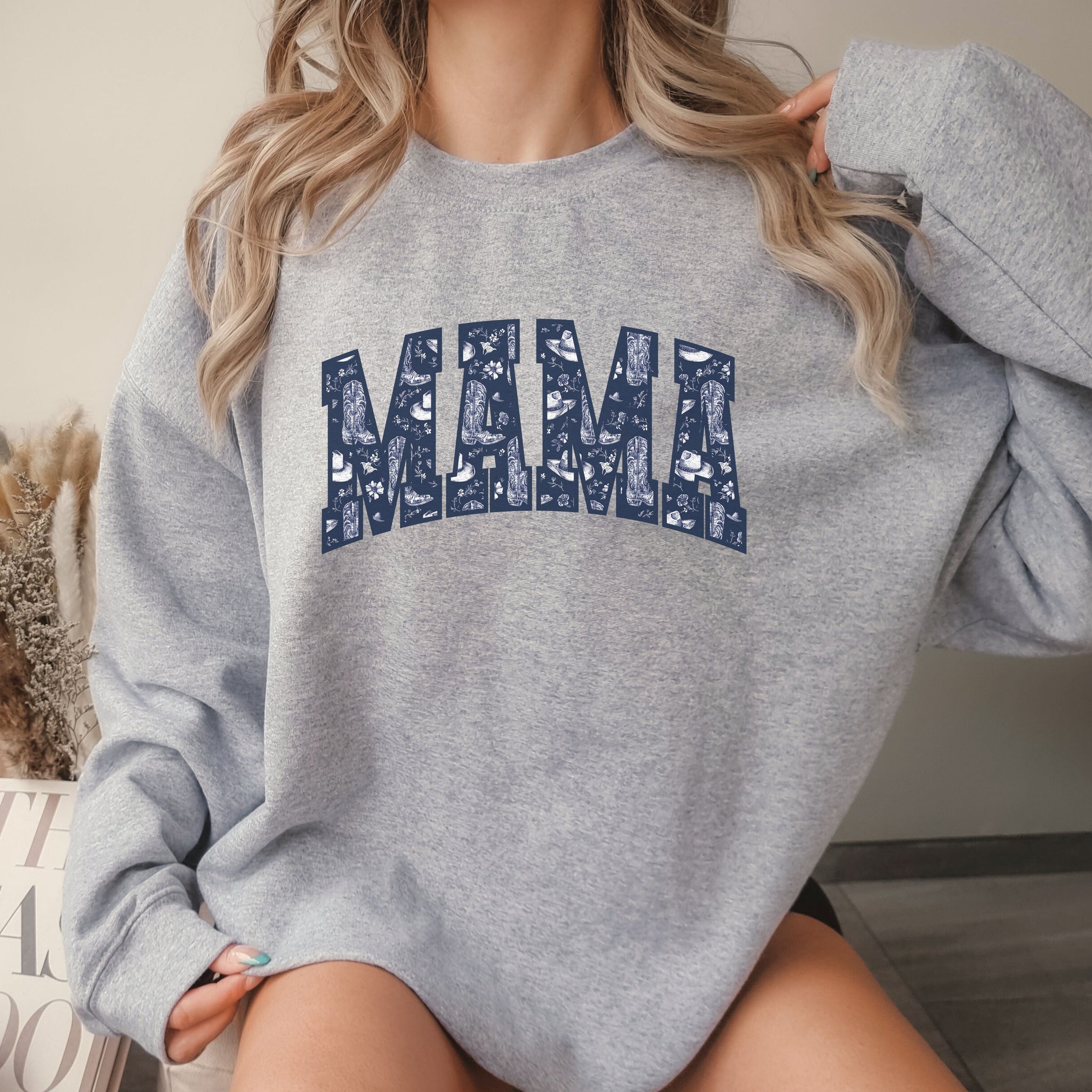 Navy Floral Boots Mama Crew Sweatshirt