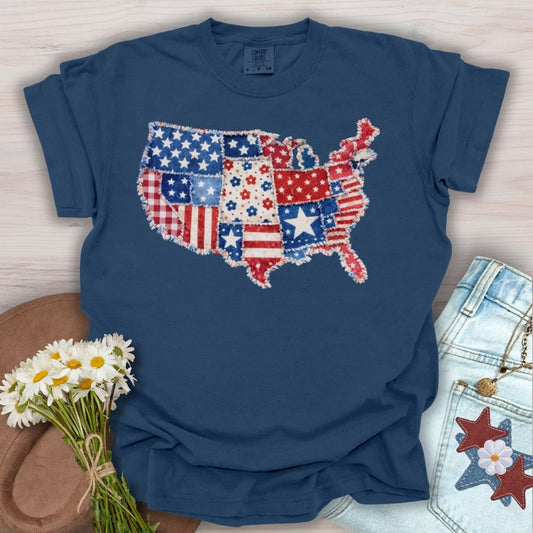 Patriotic Faux Patchwork Map of America T-Shirt