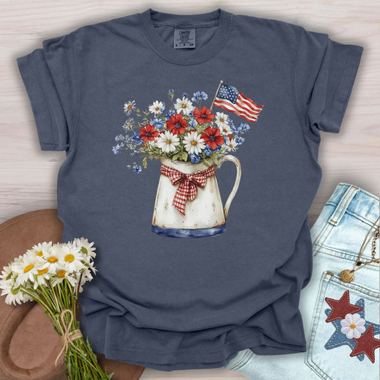 Patriotic Flower Pitcher with Flag T-Shirt