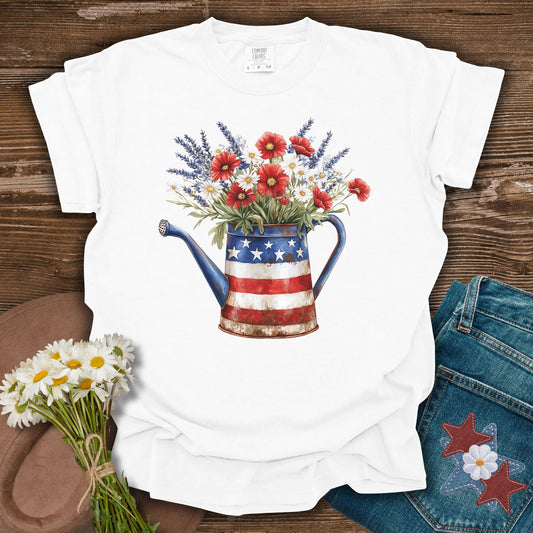 Patriotic Watering Can with Mixed Flowers T-Shirt