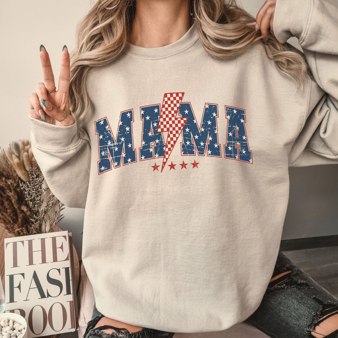 Patriotic Retro Bolt Mama Crew Sweatshirt